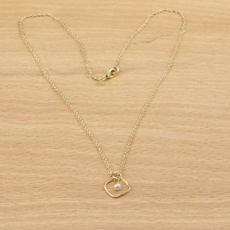 Square charm with pearl necklace, Brass with 22k gold plated, Handmade jewelry